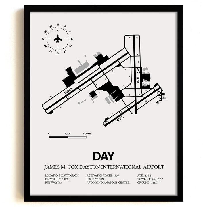 Framed Detailed Airport Map of James M. Cox Dayton International Airport (DAY) in White with a Black Frame