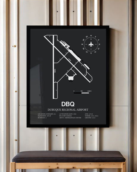 Framed Detailed Airport Map of Dubuque Regional Airport (DBQ) in Gray with a Black Frame