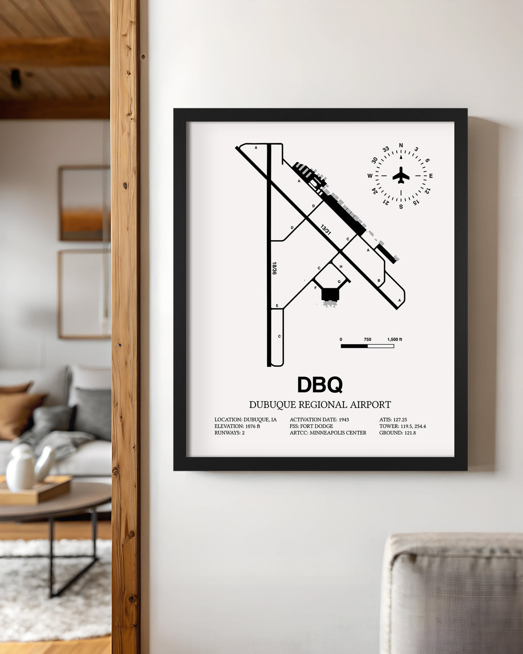Framed Detailed Airport Map of Dubuque Regional Airport (DBQ) in White with a Black Frame