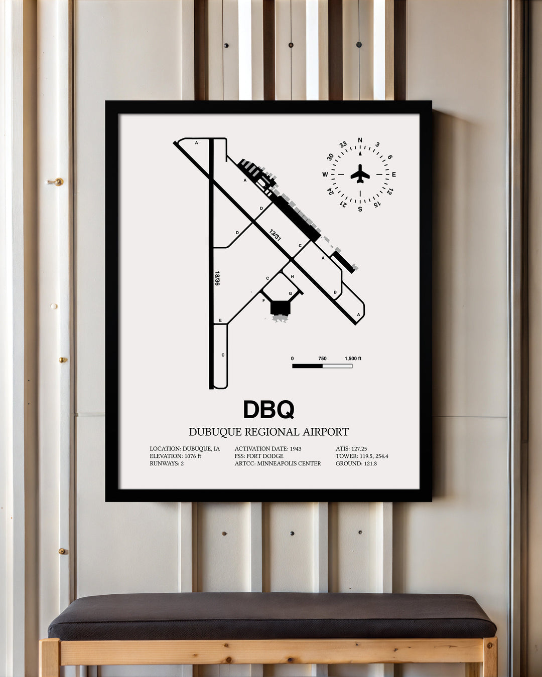 Framed Detailed Airport Map of Dubuque Regional Airport (DBQ) in White with a Black Frame