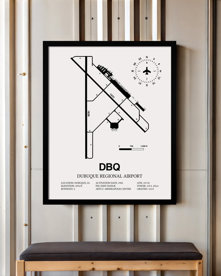 Framed Detailed Airport Map of Dubuque Regional Airport (DBQ) in White with a Black Frame