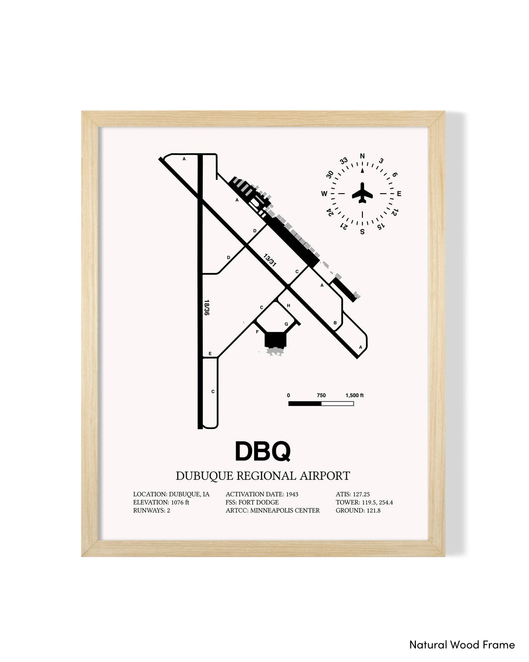 Detailed Airport Map of Dubuque Regional Airport (DBQ) in White with a Natural Frame