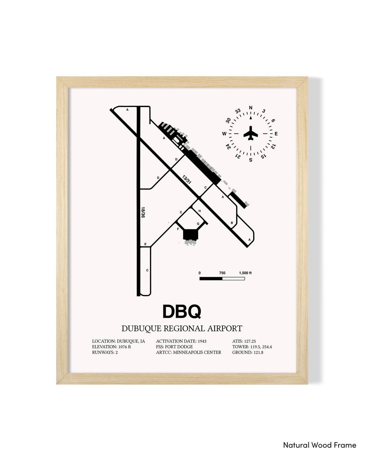 Detailed Airport Map of Dubuque Regional Airport (DBQ) in White with a Natural Frame