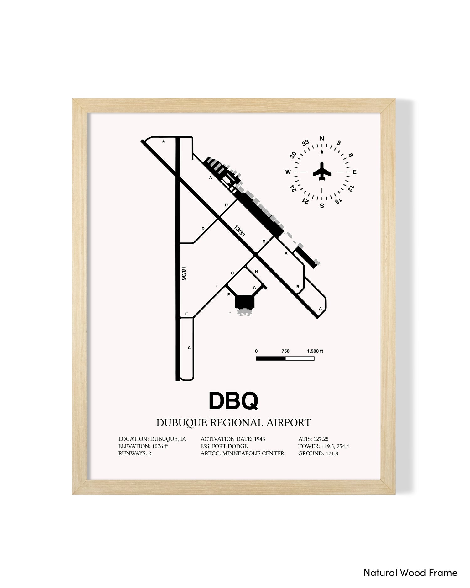 Detailed Airport Map of Dubuque Regional Airport (DBQ) in White with a Natural Frame