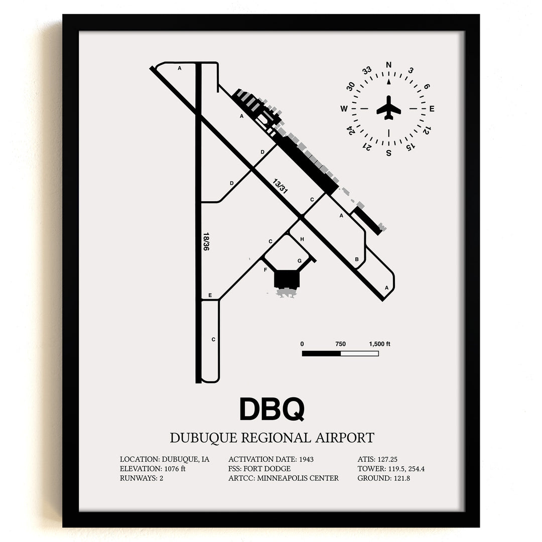 Framed Detailed Airport Map of Dubuque Regional Airport (DBQ) in White with a Black Frame