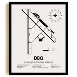 Framed Detailed Airport Map of Dubuque Regional Airport (DBQ) in White with a Black Frame