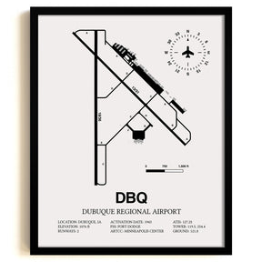 Framed Detailed Airport Map of Dubuque Regional Airport (DBQ) in White with a Black Frame