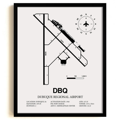 Framed Detailed Airport Map of Dubuque Regional Airport (DBQ) in White with a Black Frame