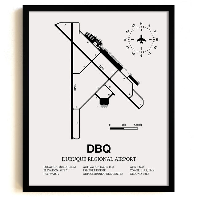 Framed Detailed Airport Map of Dubuque Regional Airport (DBQ) in White with a Black Frame