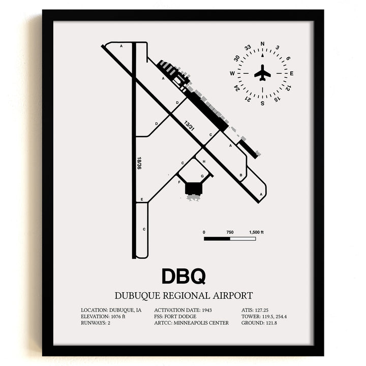 Framed Detailed Airport Map of Dubuque Regional Airport (DBQ) in White with a Black Frame