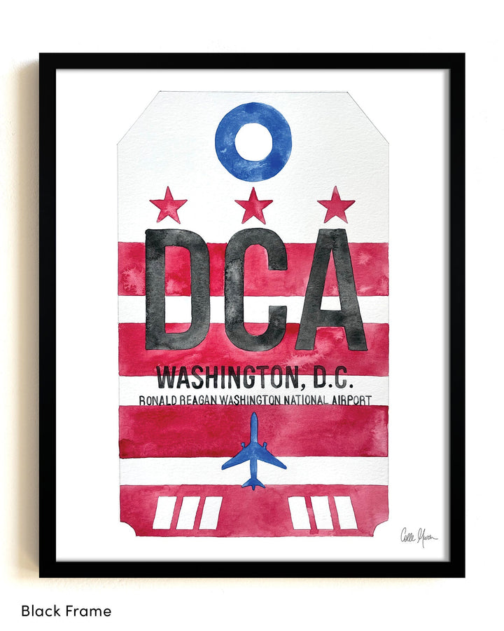 Framed Watercolor Print of Ronald Reagan Washington National Airport (DCA) with a Black Frame