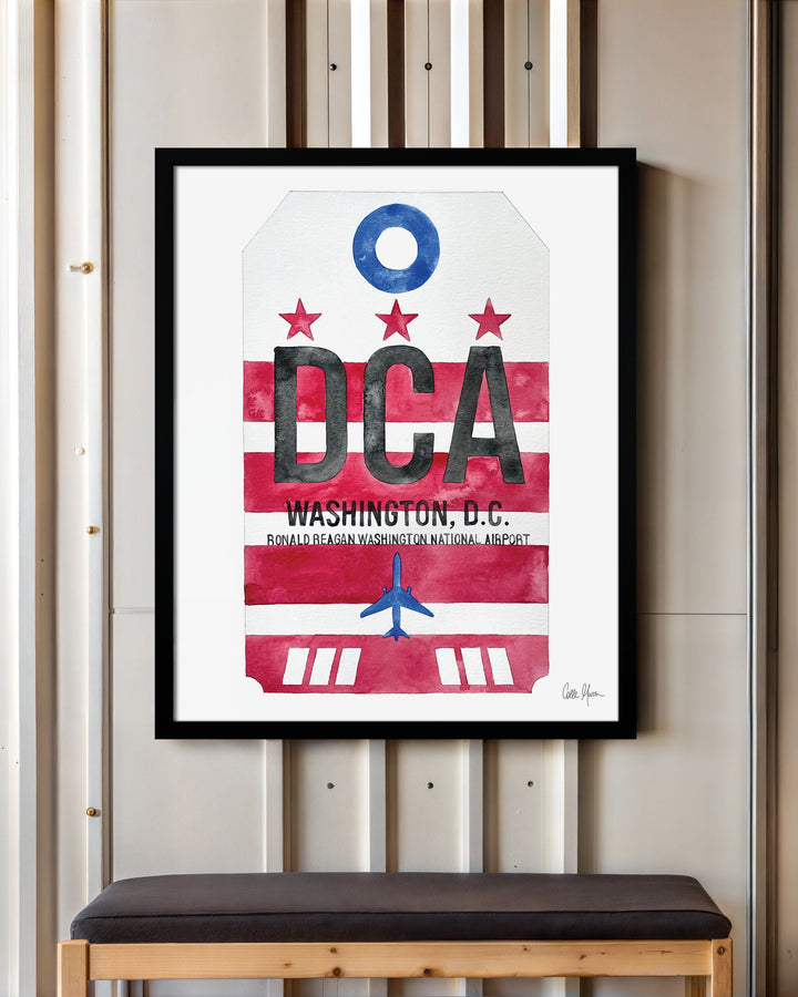 Framed Watercolor Print of Ronald Reagan Washington National Airport (DCA) with a Black Frame