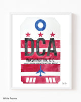 Framed Watercolor Print of Ronald Reagan Washington National Airport (DCA) with a White Frame
