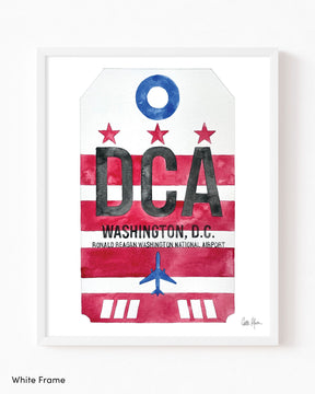 Framed Watercolor Print of Ronald Reagan Washington National Airport (DCA) with a White Frame