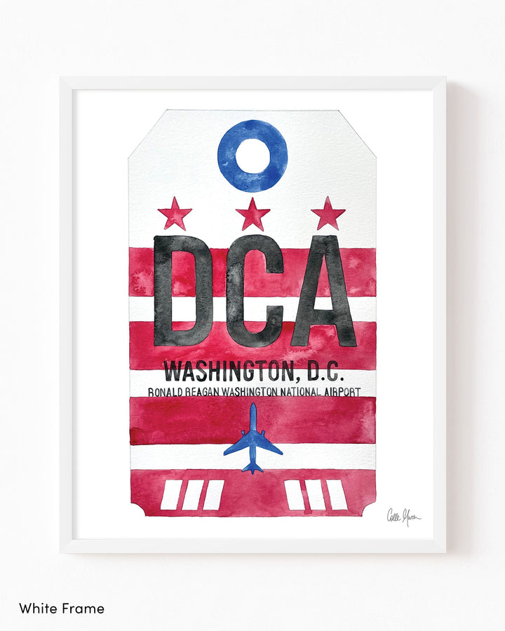 Framed Watercolor Print of Ronald Reagan Washington National Airport (DCA) with a White Frame