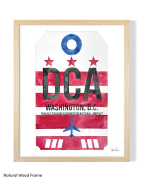 Framed Watercolor Print of Ronald Reagan Washington National Airport (DCA) with a Natural Wood Frame
