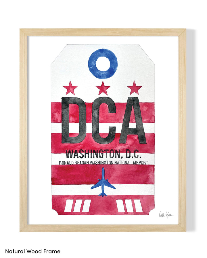 Framed Watercolor Print of Ronald Reagan Washington National Airport (DCA) with a Natural Wood Frame