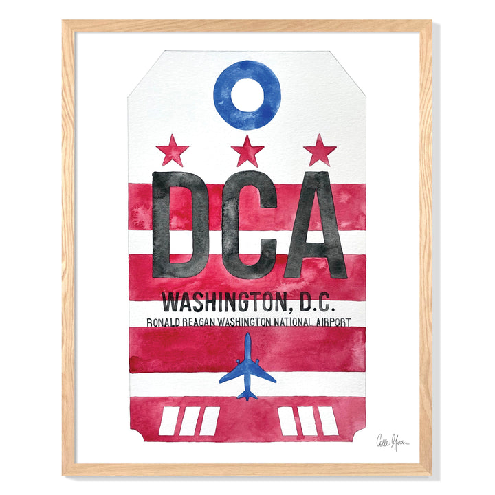 Framed Watercolor Print of Ronald Reagan Washington National Airport (DCA) with an Oak Frame