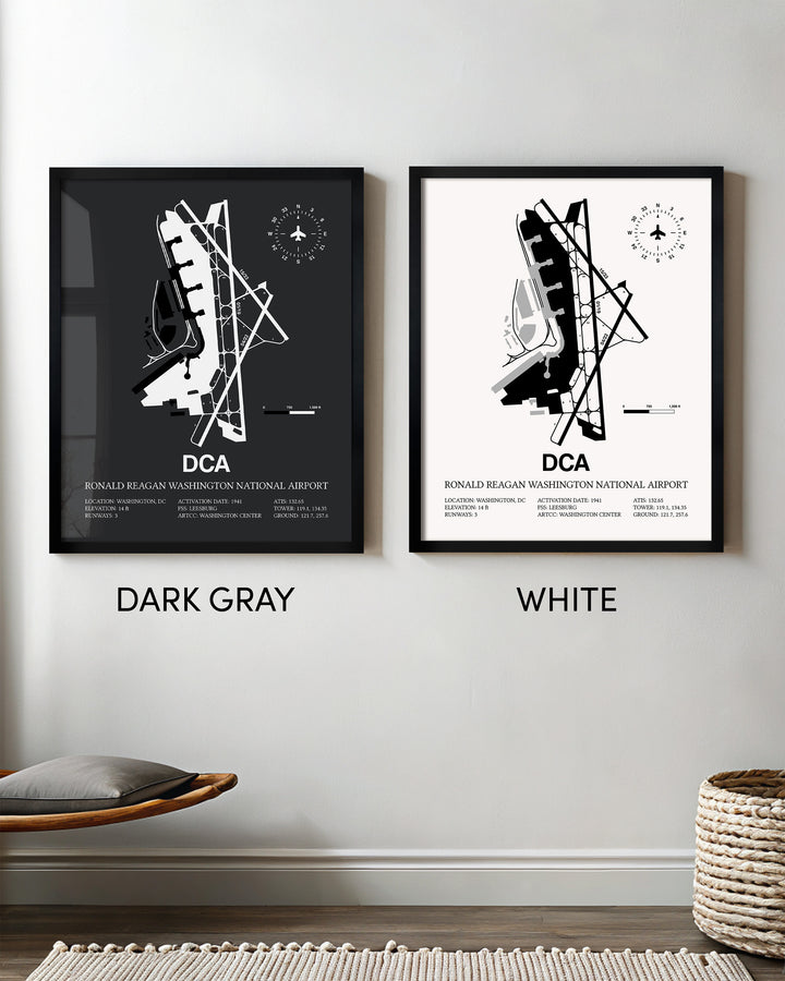 Framed Detailed Airport Map of Ronald Reagan Washington National Airport (DCA) in White and Gray