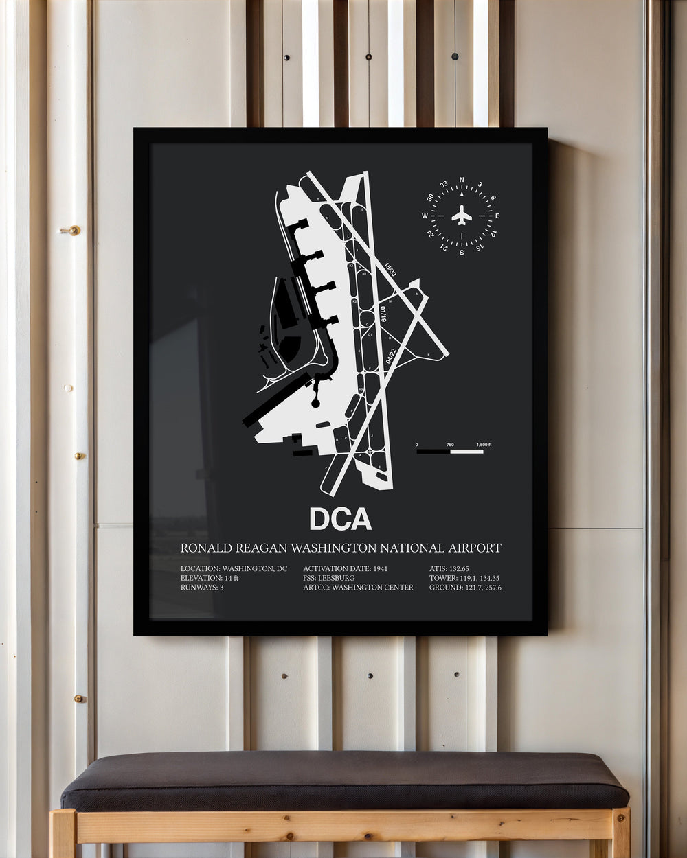 Framed Detailed Airport Map of Ronald Reagan Washington National Airport (DCA) in Gray with a Black Frame
