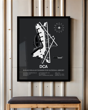 Framed Detailed Airport Map of Ronald Reagan Washington National Airport (DCA) in Gray with a Black Frame
