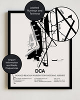 Framed Detailed Airport Map of Ronald Reagan Washington National Airport (DCA) in White with a Black Frame