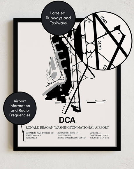 Framed Detailed Airport Map of Ronald Reagan Washington National Airport (DCA) in White with a Black Frame
