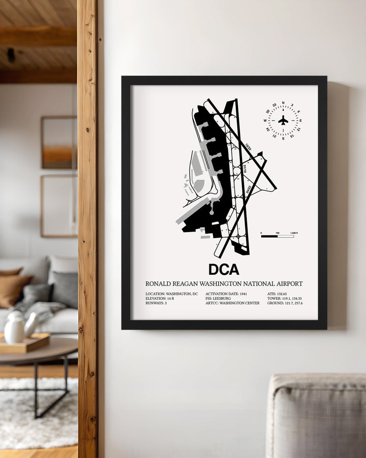 Framed Detailed Airport Map of Ronald Reagan Washington National Airport (DCA) in White with a Black Frame