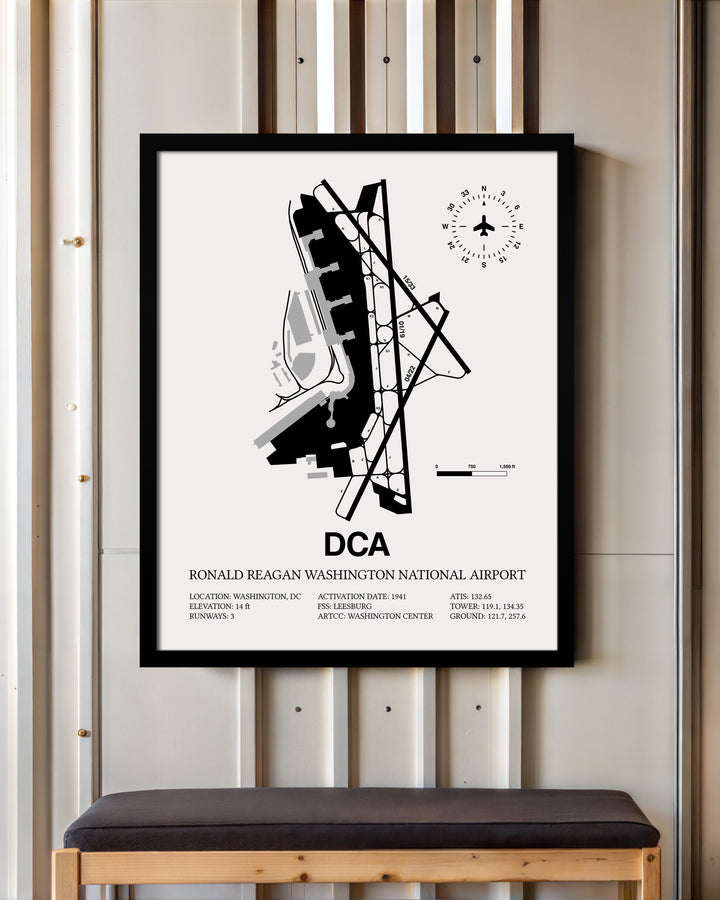 Framed Detailed Airport Map of Ronald Reagan Washington National Airport (DCA) in White with a Black Frame