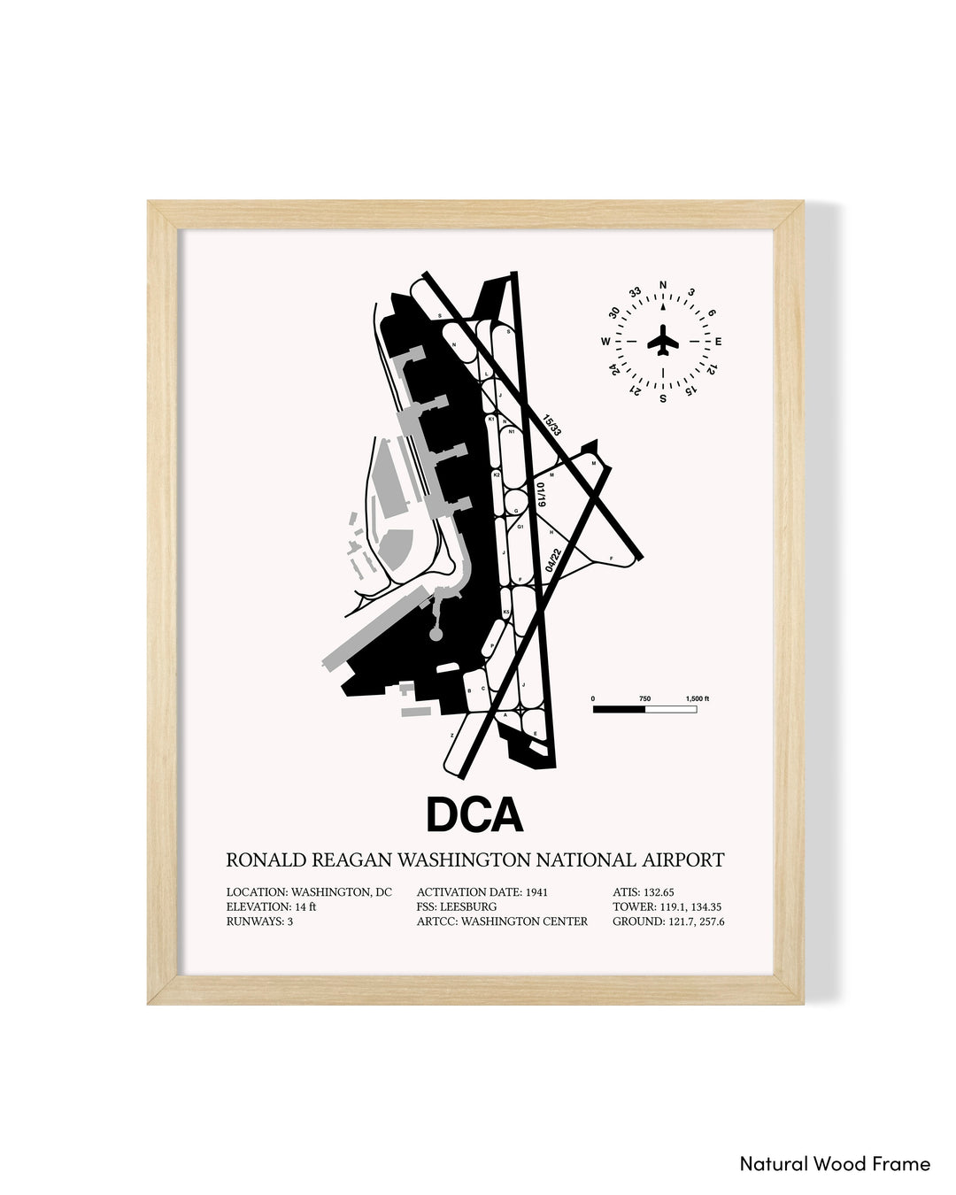 Detailed Airport Map of Ronald Reagan Washington National Airport (DCA) in White with a Natural Frame