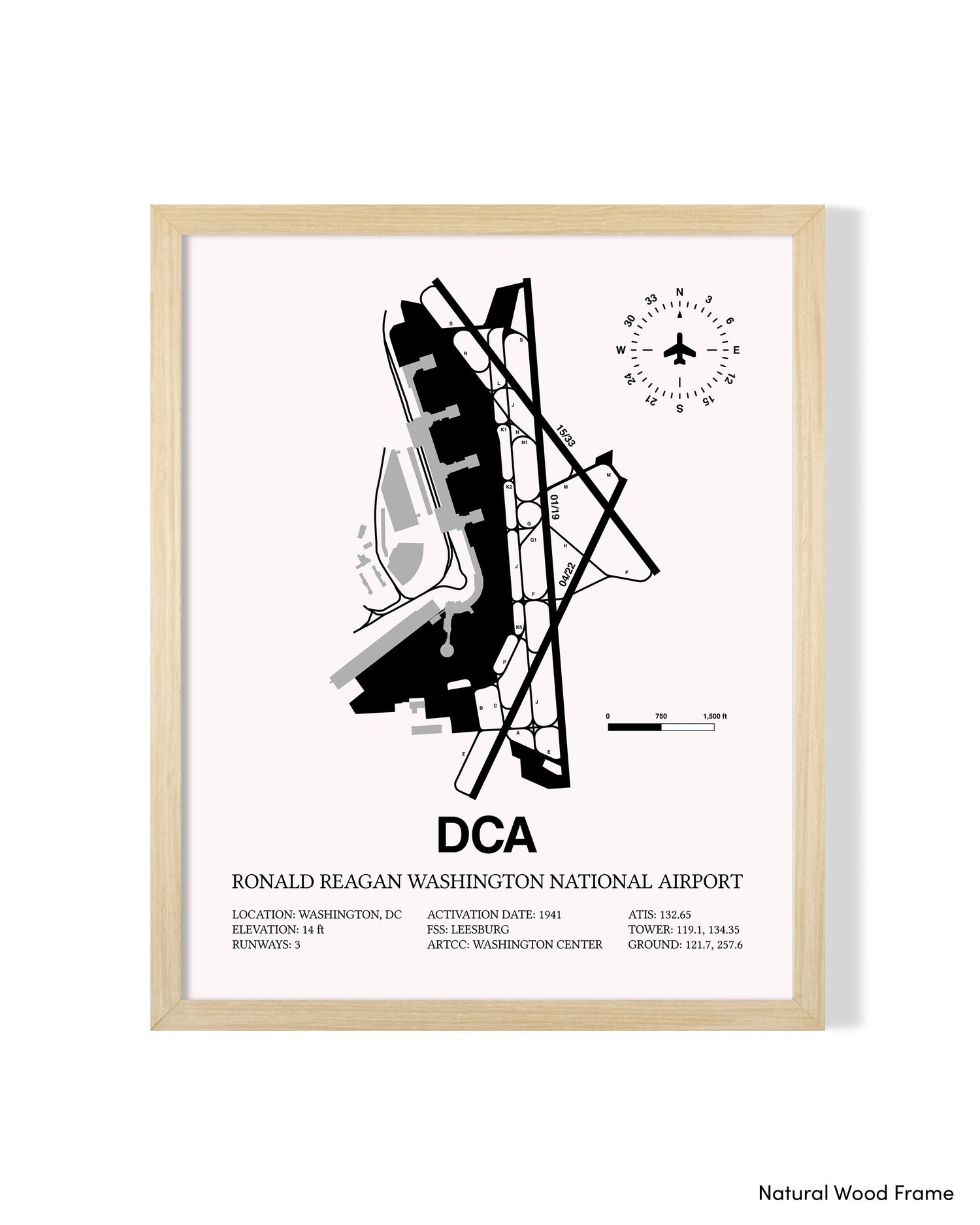 Detailed Airport Map of Ronald Reagan Washington National Airport (DCA) in White with a Natural Frame