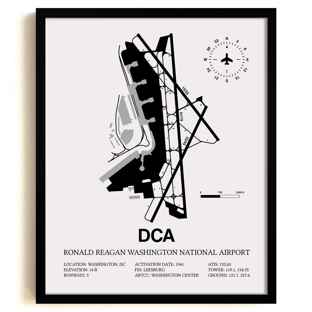 Framed Detailed Airport Map of Ronald Reagan Washington National Airport (DCA) in White with a Black Frame