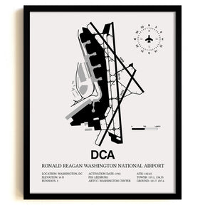 Framed Detailed Airport Map of Ronald Reagan Washington National Airport (DCA) in White with a Black Frame