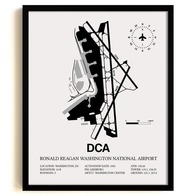 Framed Detailed Airport Map of Ronald Reagan Washington National Airport (DCA) in White with a Black Frame