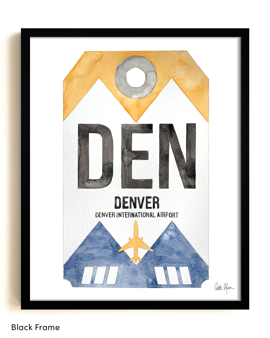 Framed Watercolor Print of Denver International Airport (DEN) with a Black Frame