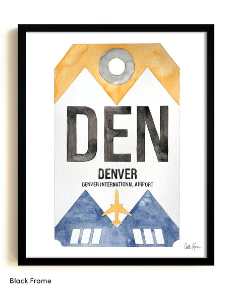 Framed Watercolor Print of Denver International Airport (DEN) with a Black Frame