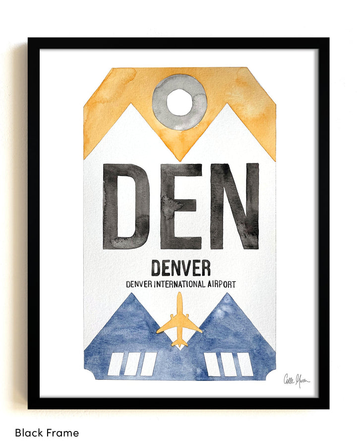 Framed Watercolor Print of Denver International Airport (DEN) with a Black Frame
