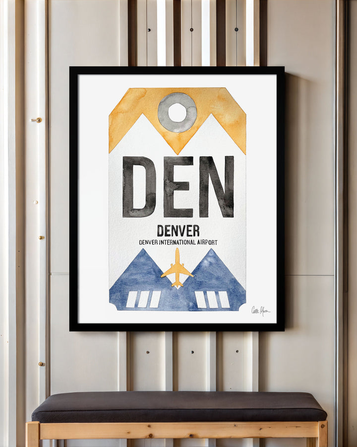 Framed Watercolor Print of Denver International Airport (DEN) with a Black Frame