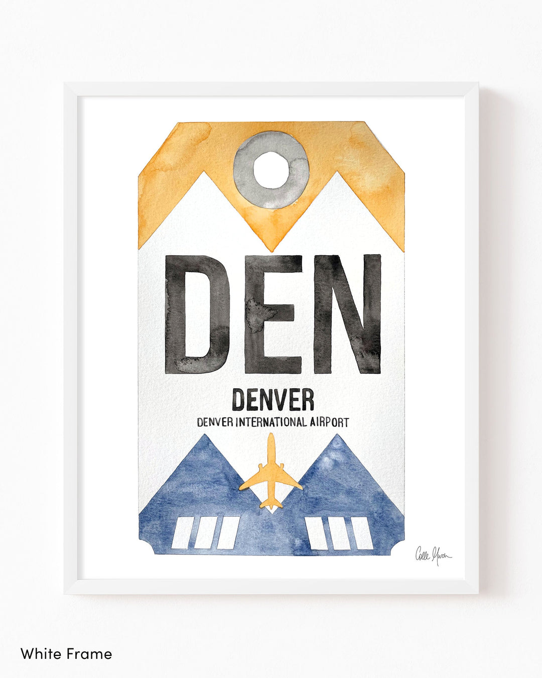 Framed Watercolor Print of Denver International Airport (DEN) with a White Frame