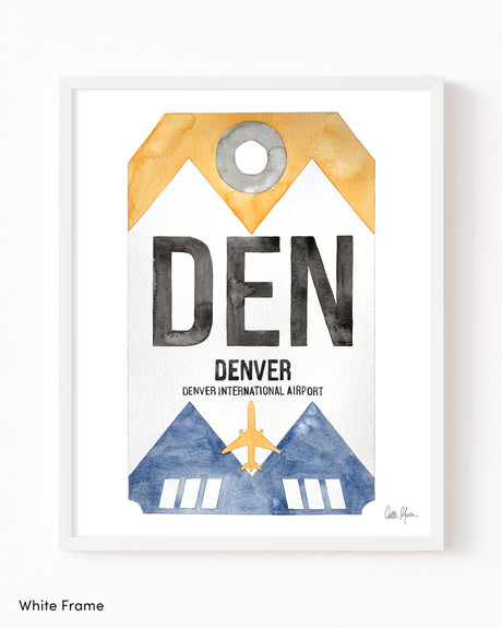 Framed Watercolor Print of Denver International Airport (DEN) with a White Frame