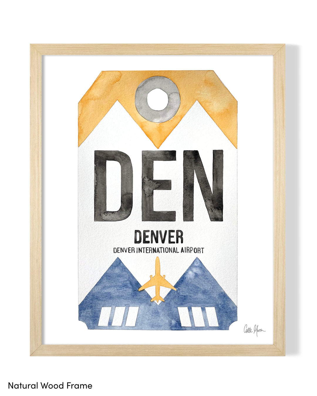 Framed Watercolor Print of Denver International Airport (DEN) with a Natural Wood Frame