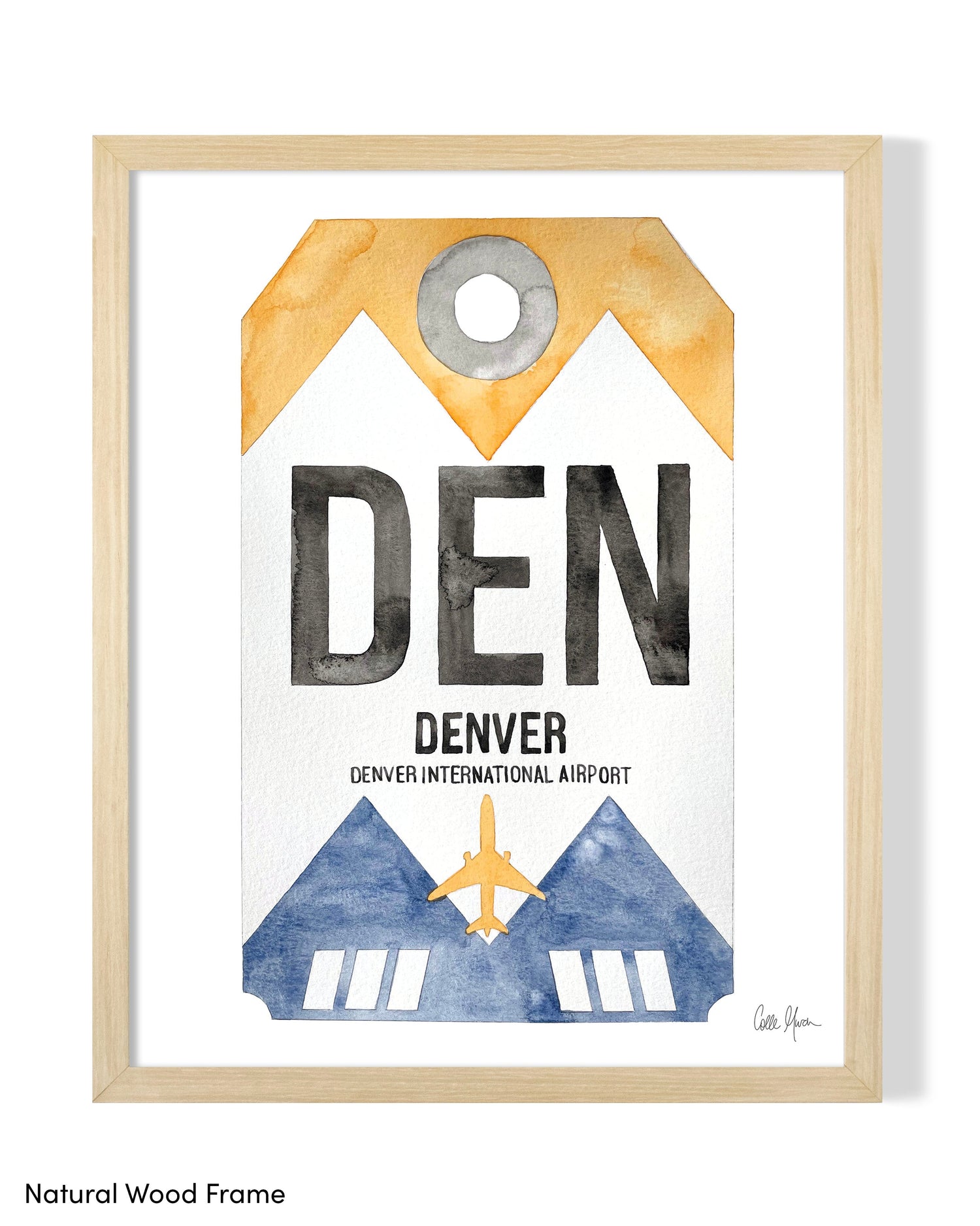 Framed Watercolor Print of Denver International Airport (DEN) with a Natural Wood Frame