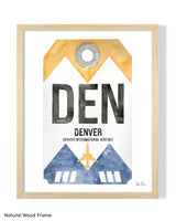 Framed Watercolor Print of Denver International Airport (DEN) with a Natural Wood Frame