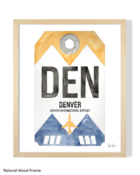 Framed Watercolor Print of Denver International Airport (DEN) with a Natural Wood Frame