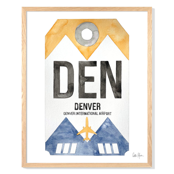 Framed Watercolor Print of Denver International Airport (DEN) with an Oak Frame