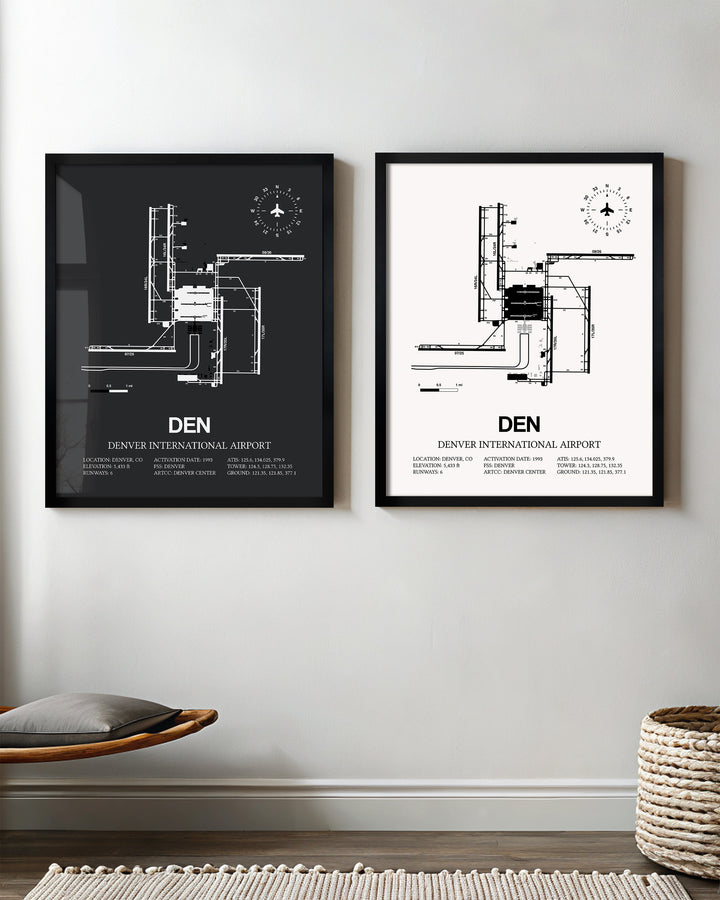 Framed Detailed Airport Map of Denver International Airport (DEN) in White and Gray