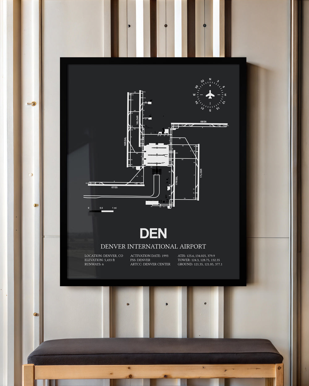 Framed Detailed Airport Map of Denver International Airport (DEN) in Gray with a Black Frame