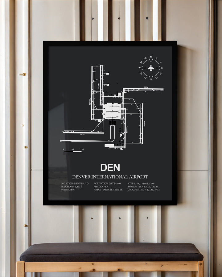 Framed Detailed Airport Map of Denver International Airport (DEN) in Gray with a Black Frame