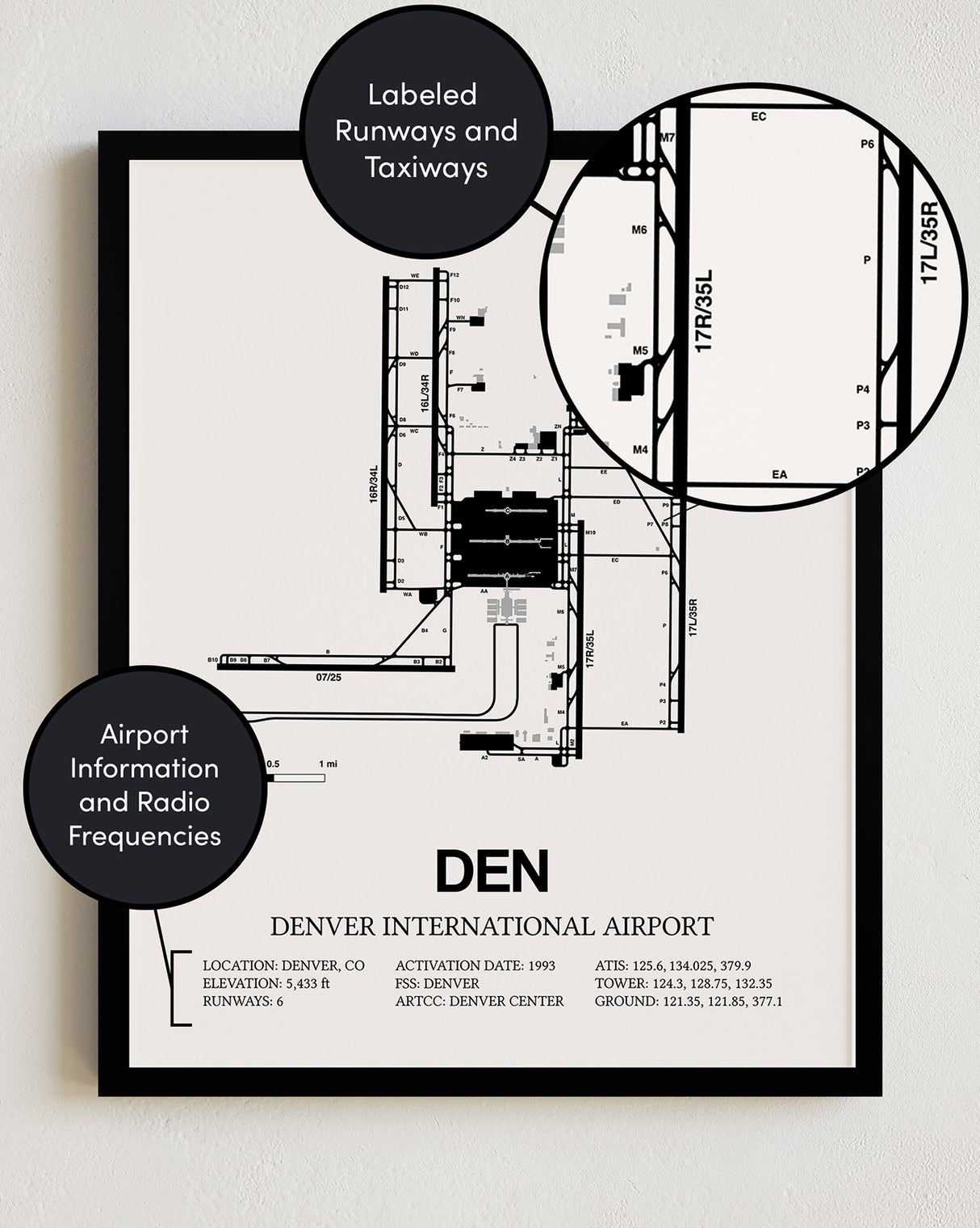 Framed Detailed Airport Map of Denver International Airport (DEN) in White with a Black Frame