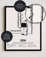 Framed Detailed Airport Map of Denver International Airport (DEN) in White with a Black Frame